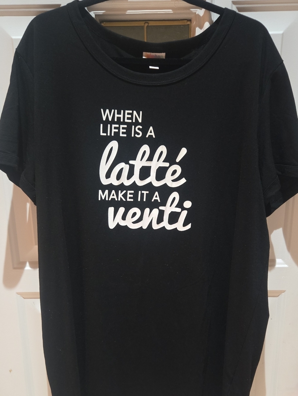 Lularoe "Liv" Black Graphic Ringer Tee "When Life Is a Latté Make It a Venti"
